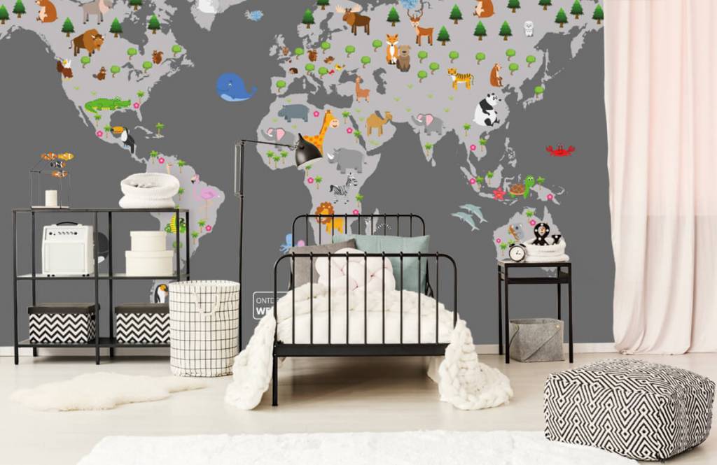 Welp Behang met een wereldkaart voor kinderen grijs - Fotobehang VY-91