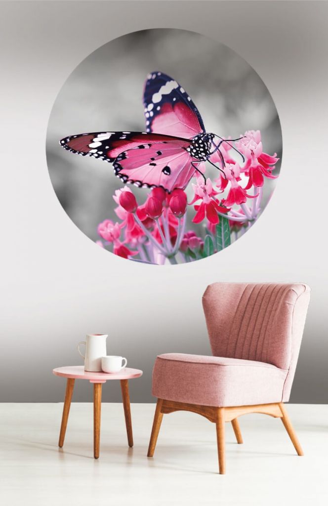 Behangcirkel roze vlinder