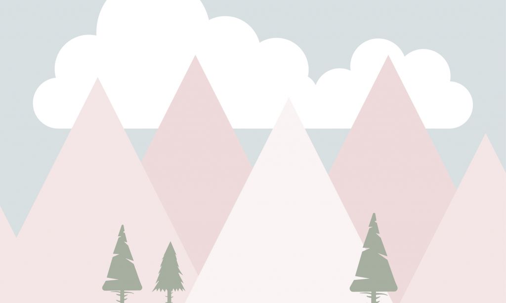 Roze bergen met dennenbomen