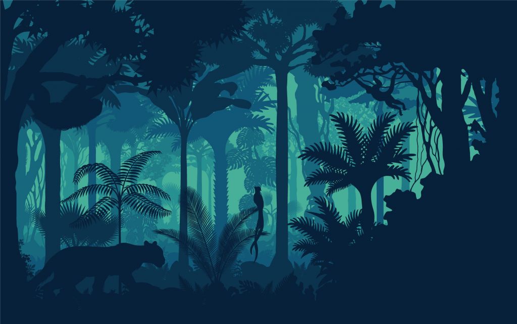 Blauwe jungle silhouetten