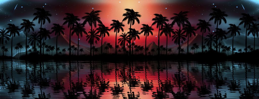 Palmbomen in rode lucht