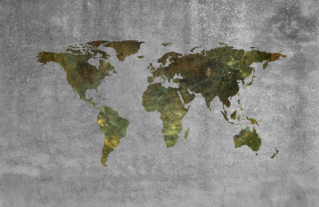 Wereldkaart met groene structuur op grijs beton