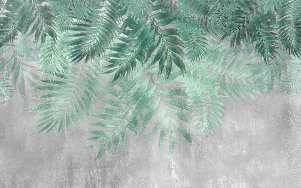 Groene palmbladeren met grijze betonwand