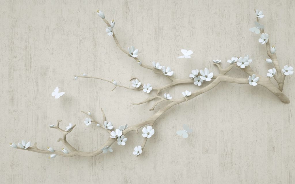 Tak met witte bloemen op houten achtergrond
