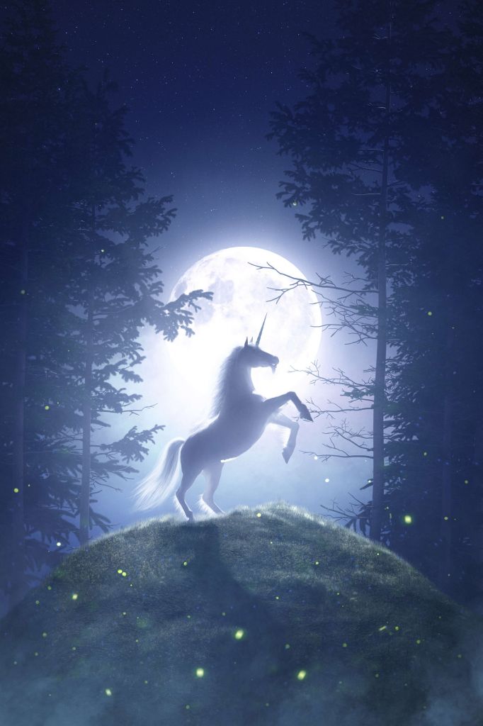 Unicorn bij volle maan