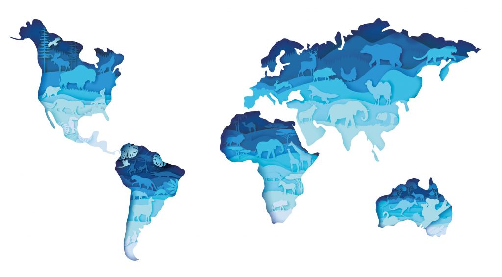 Dieren wereldkaart blauw tinten