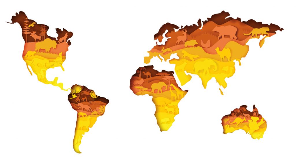 Dieren wereldkaart oranje tinten