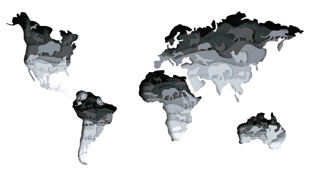 Dieren wereldkaart grijs tinten