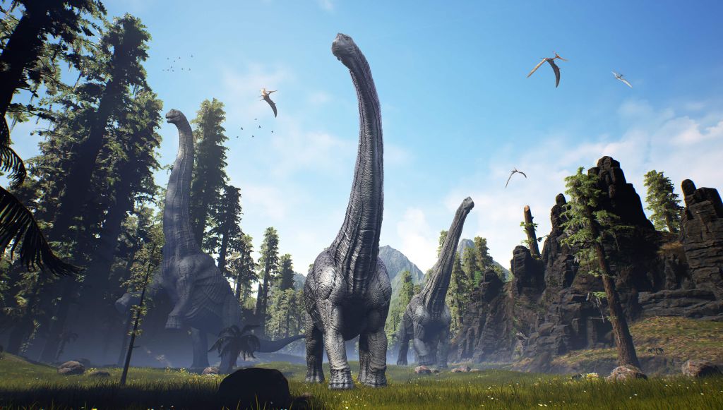 Alamosaurus groep lopen door een vallei