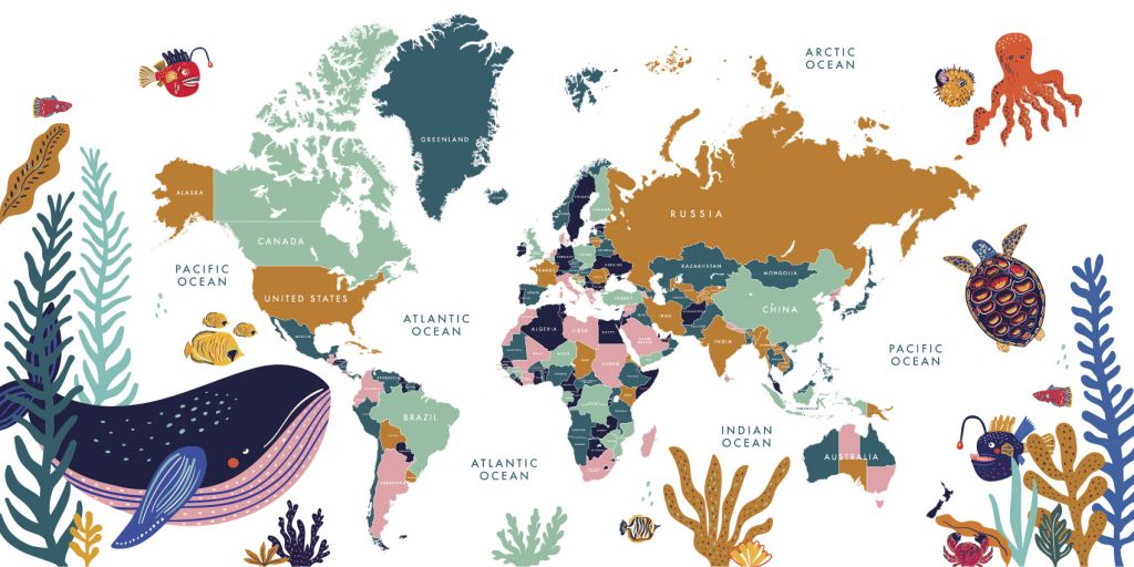 Wereldkaart met oceaan dieren
