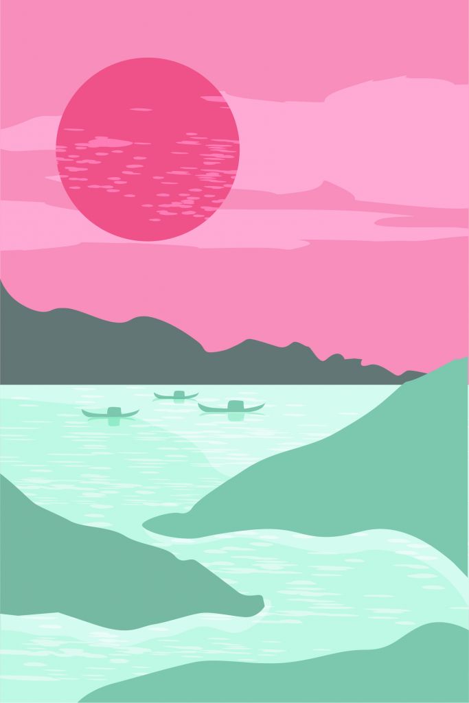 Illustratie van bergen en bootjes