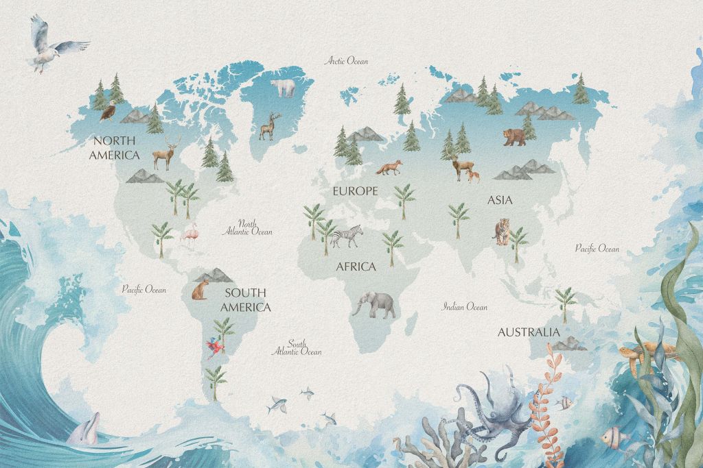 Wereldkaart met golven en dieren