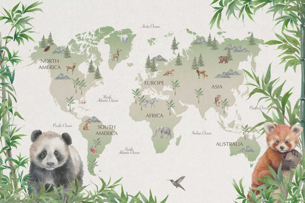 Wereldkaart met bamboe en panda's