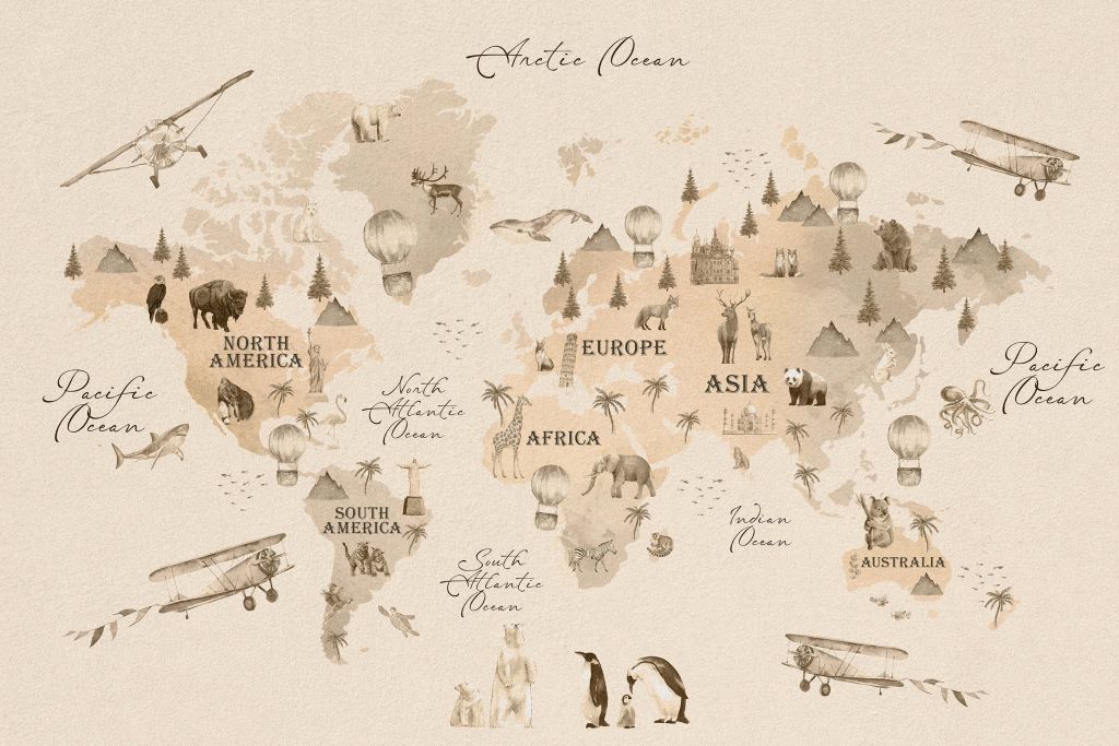 Wereldkaart met verschillende dieren beige