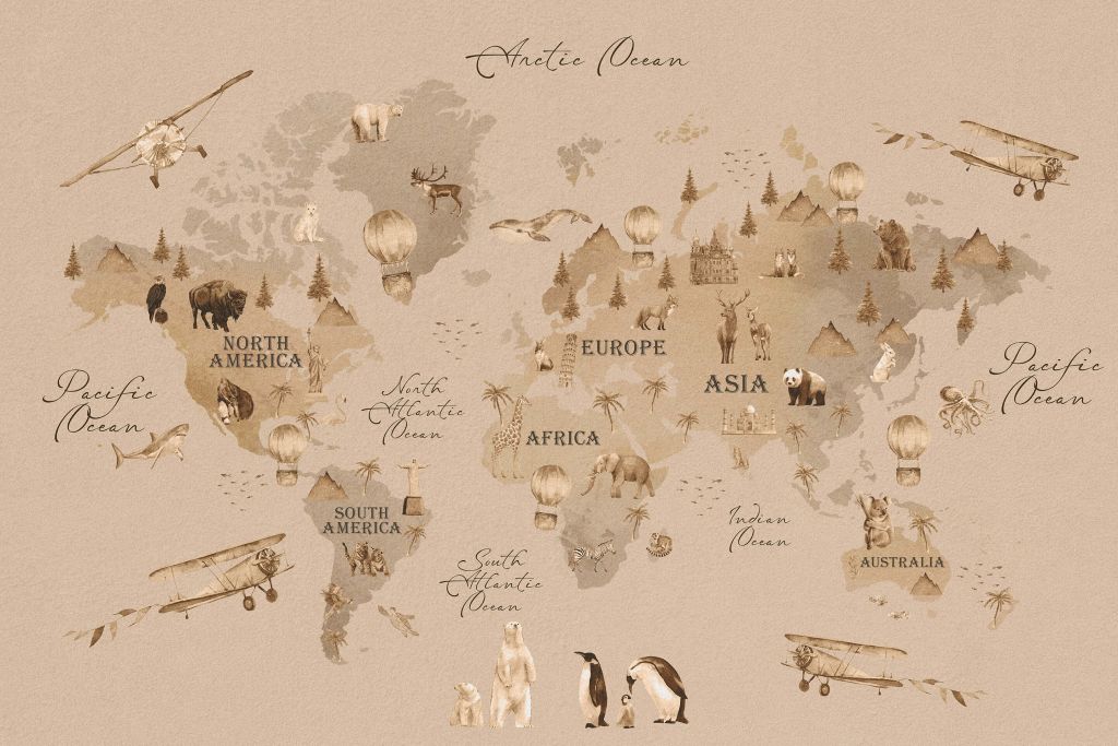 Wereldkaart met verschillende dieren taupe