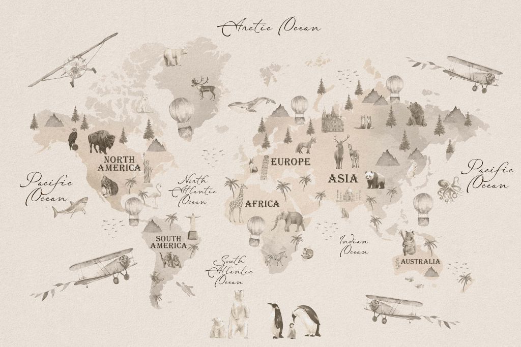 Wereldkaart met verschillende dieren off-white