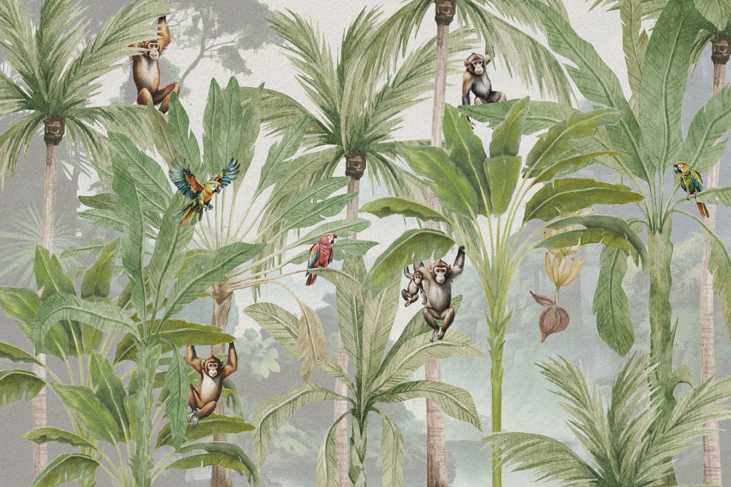 Jungle met apen en papegaaien in kleur