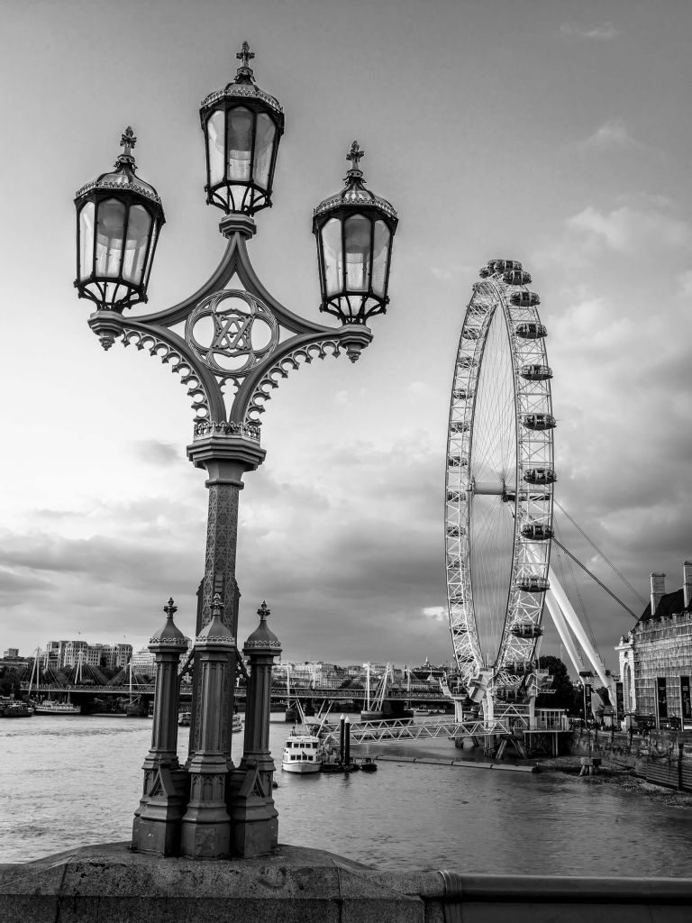 Street lamp with London Eye, London, UK