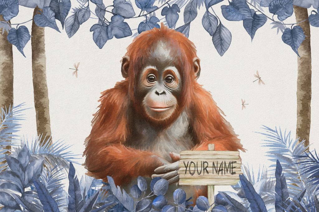Jonge orang-oetan in de jungle blauw