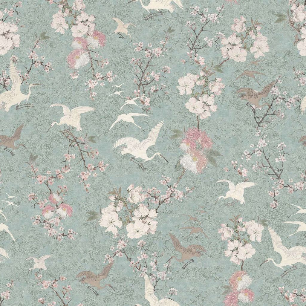 Kraanvogels in mintgroene bloesemtuin