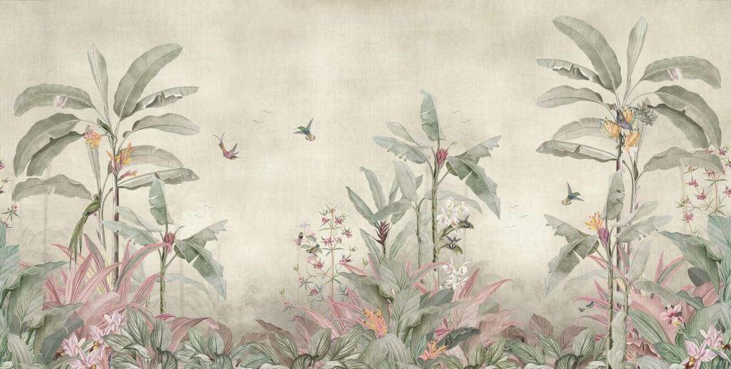 Kolibries tussen zachte bananenbladeren