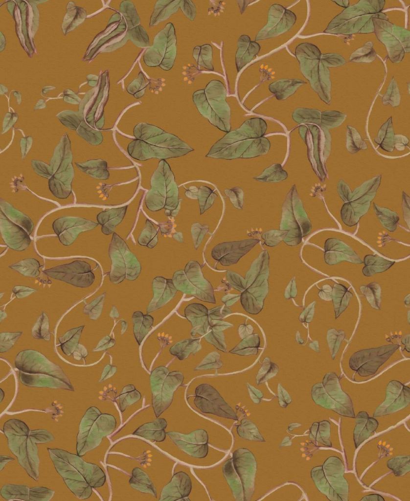 Klimmende bonenranken op okergeel