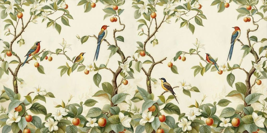 Vintage zangvogels in fruitbomen
