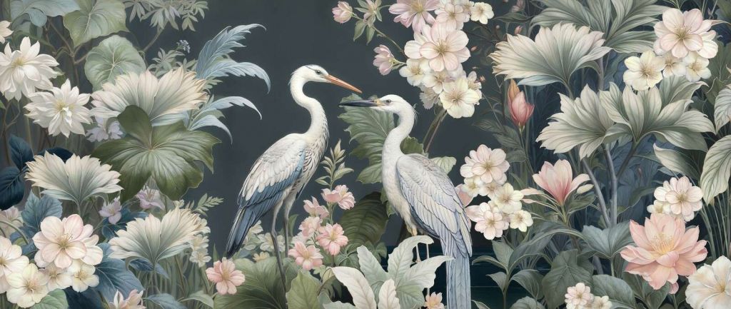 Witte reigers tussen zachte bloemen