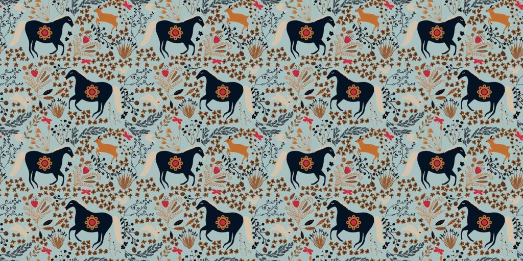 Bloemenveld met paarden en reeën