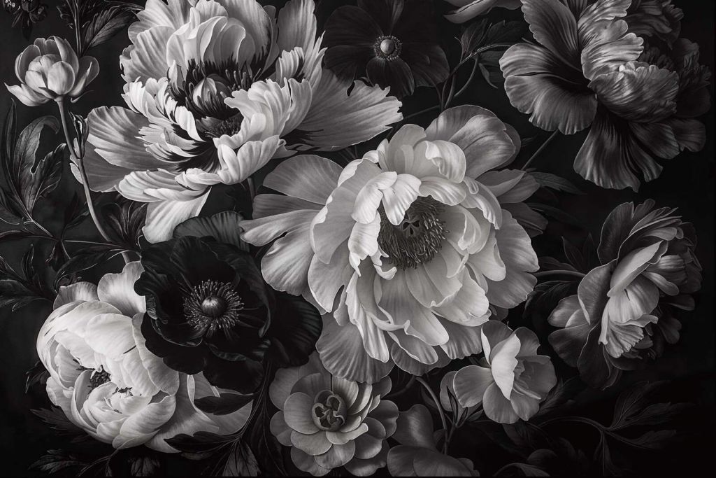 Baroque maximalistic flower garden greyscale