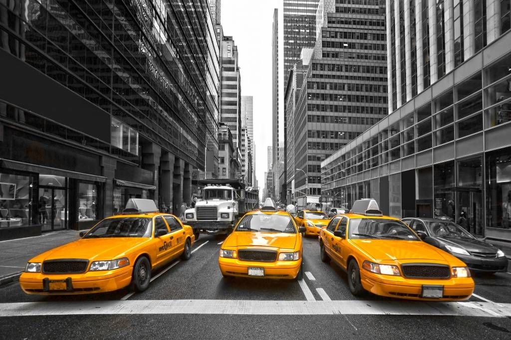 Zwart Wit behang - Gele taxi's in New York - Tienerkamer