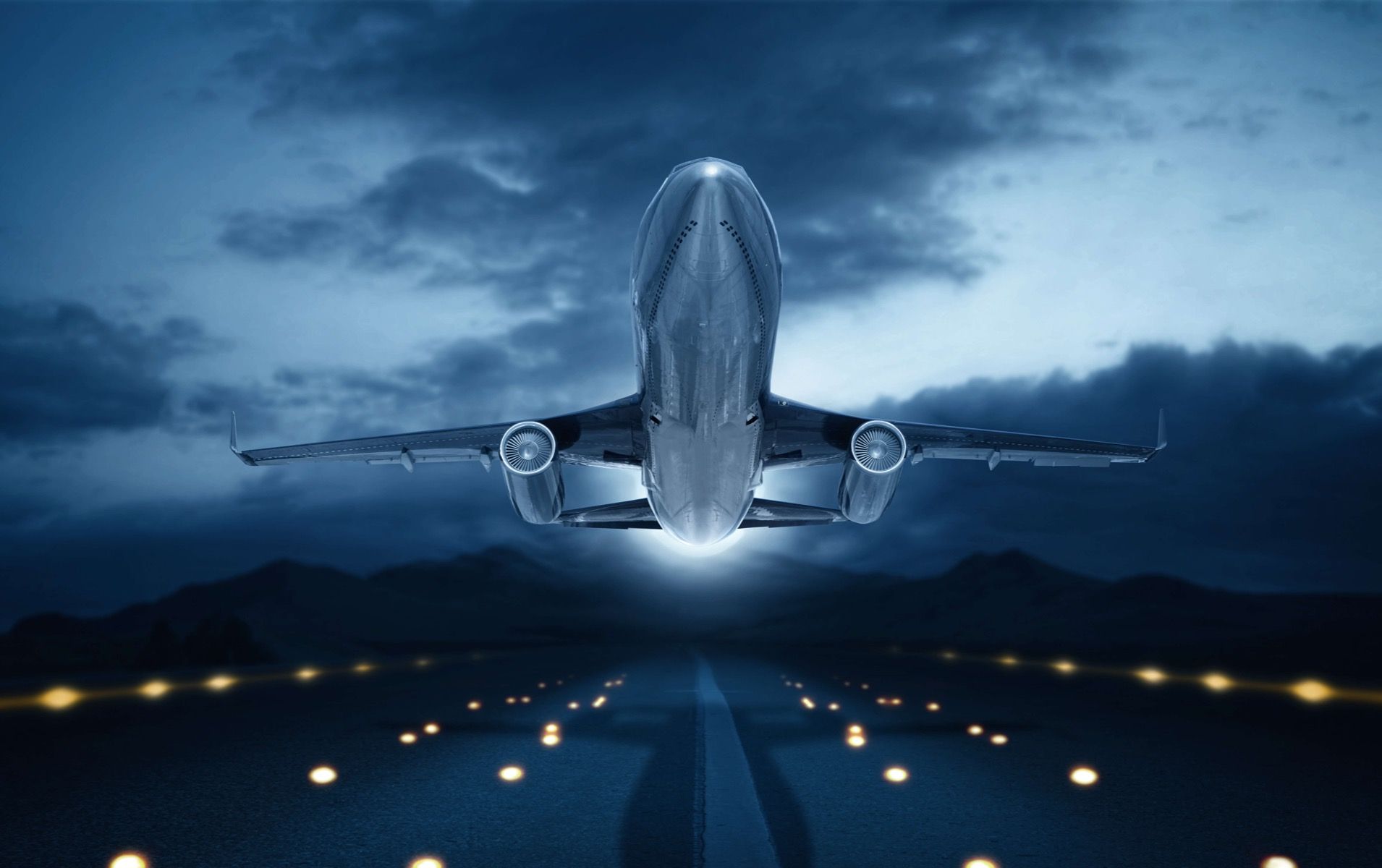 Transport Stijgend vliegtuig met donkere lucht