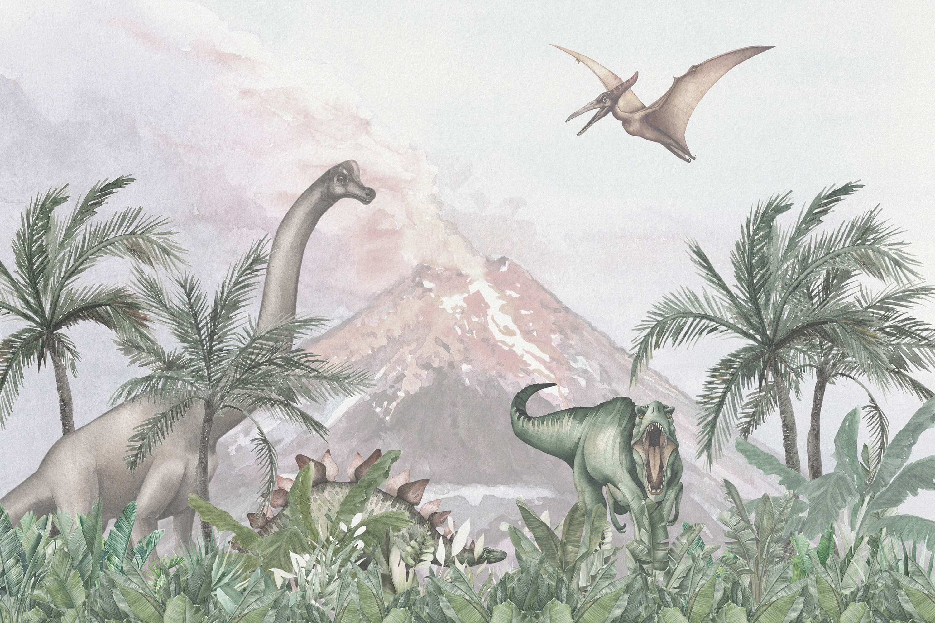 Dino behang Dino's bij een vulkaan