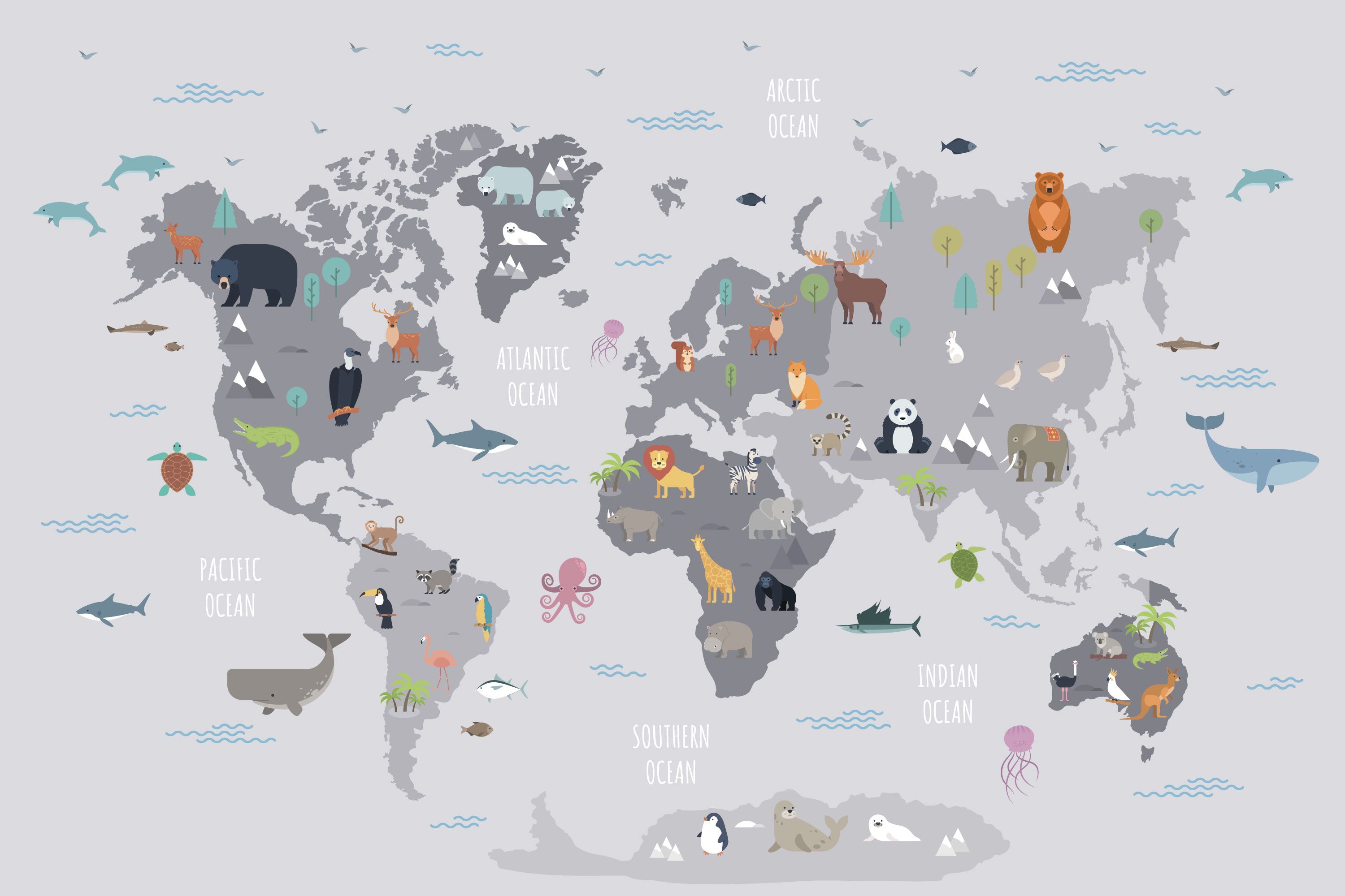 Wallpaper Wereldkaart met wilde dieren