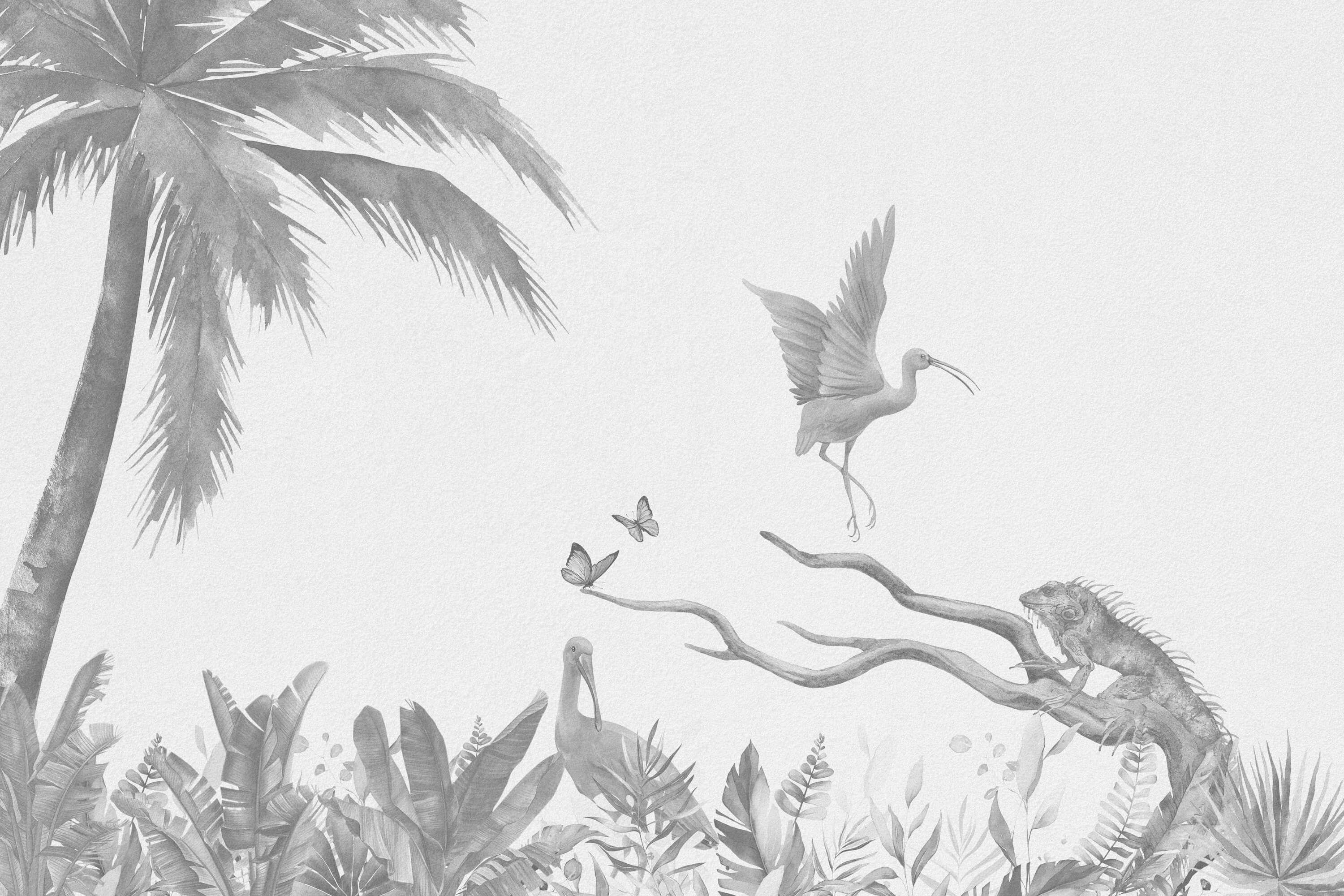 Jungle behang Tak met jungle dieren in grijstinten Jungle behang Tak met jungle dieren in grijstinten