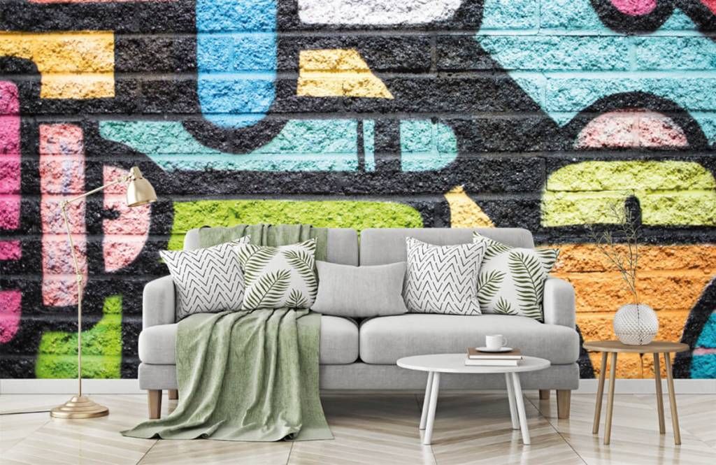 De slaapkamer schoonmaken Kwestie Duplicatie Behang met een graffiti muur - Fotobehang