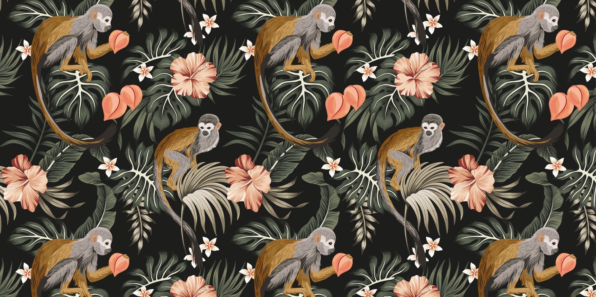 Vervormen Opknappen Behoefte aan Tropische bladeren met aapjes - Fotobehang