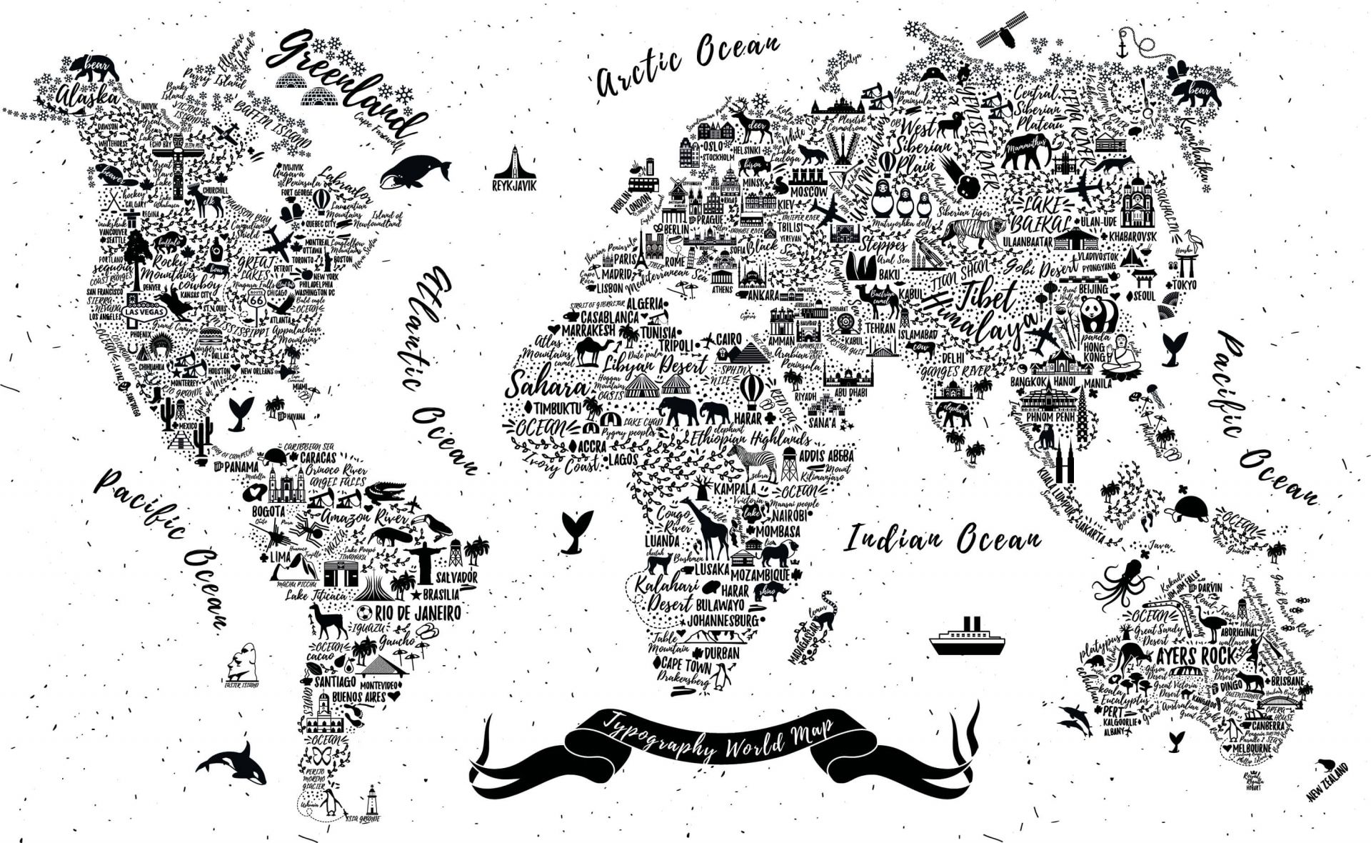 Wereldkaart in zwart-wit
