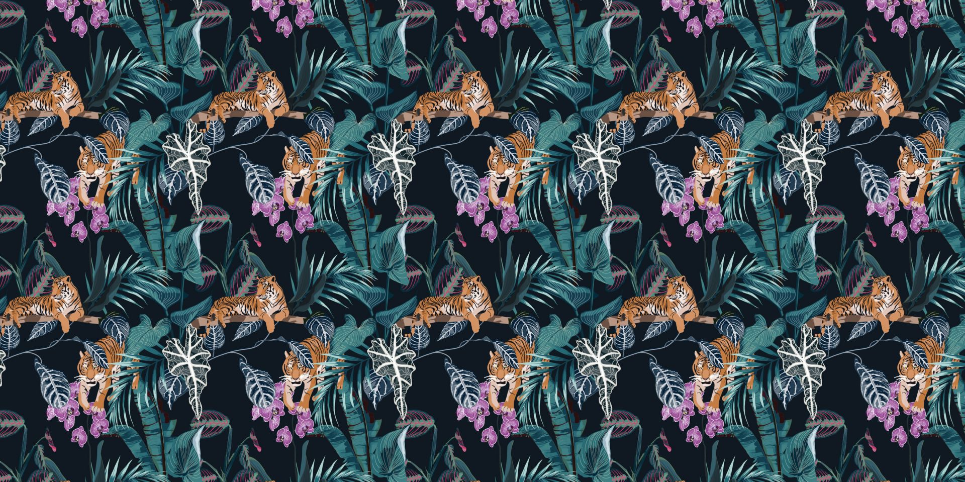 Tijgers, bladeren en bloemen