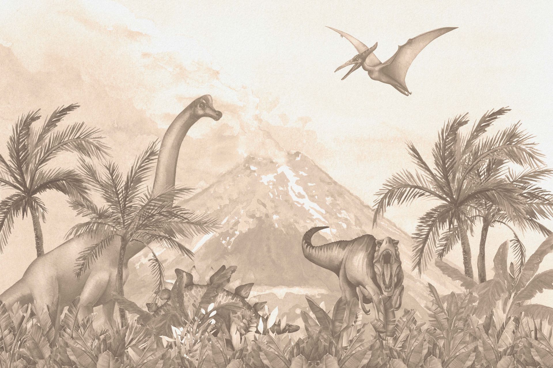 cement onduidelijk rijm Een stoere afbeelding met verschillende dinosaurussen en een vulkaan op de  achtergrond - Fotobehang