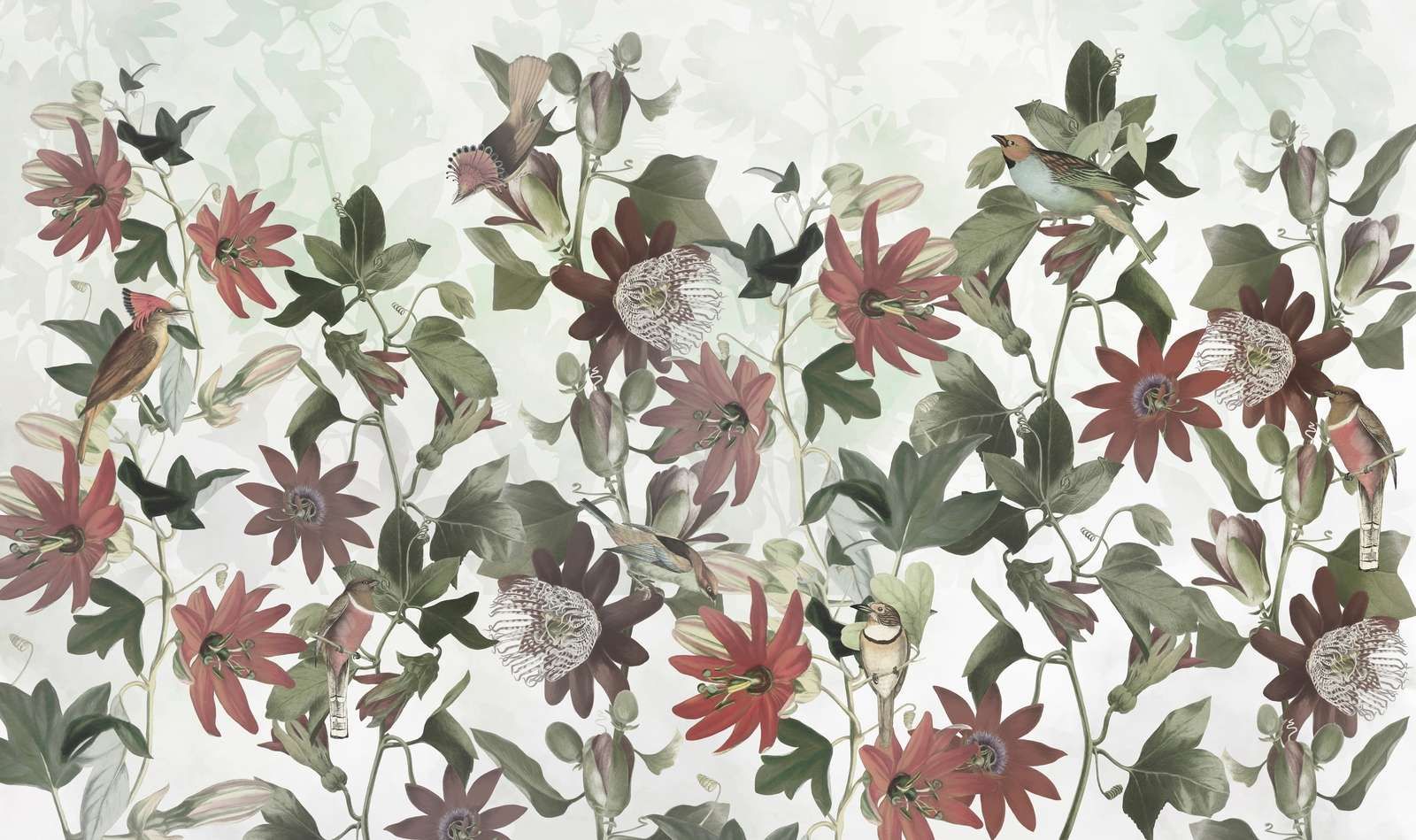 Seven Birds in Enchanted Foliage - Pastel Green