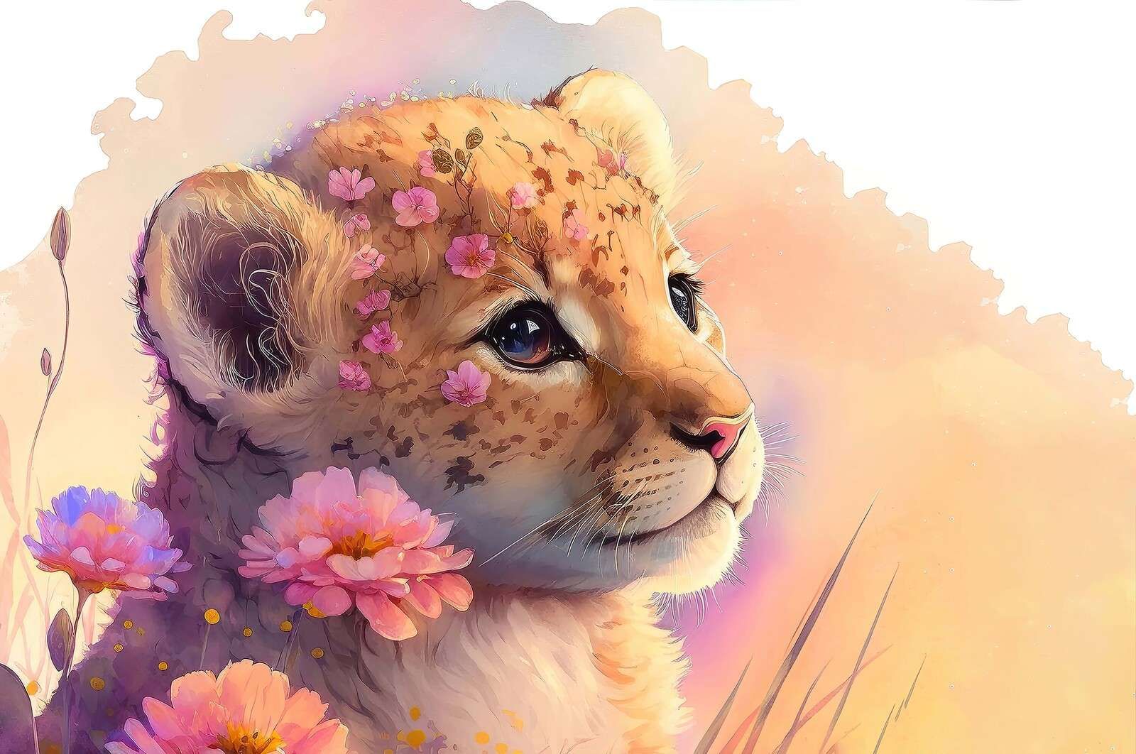 Dromerige welp tussen de bloemen