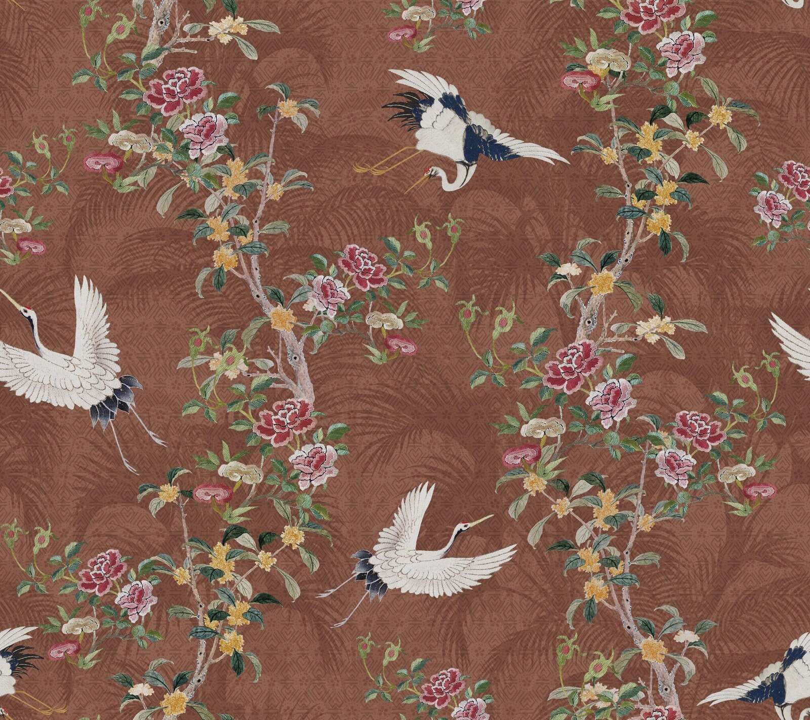 Witte kraanvogels tussen bloesems