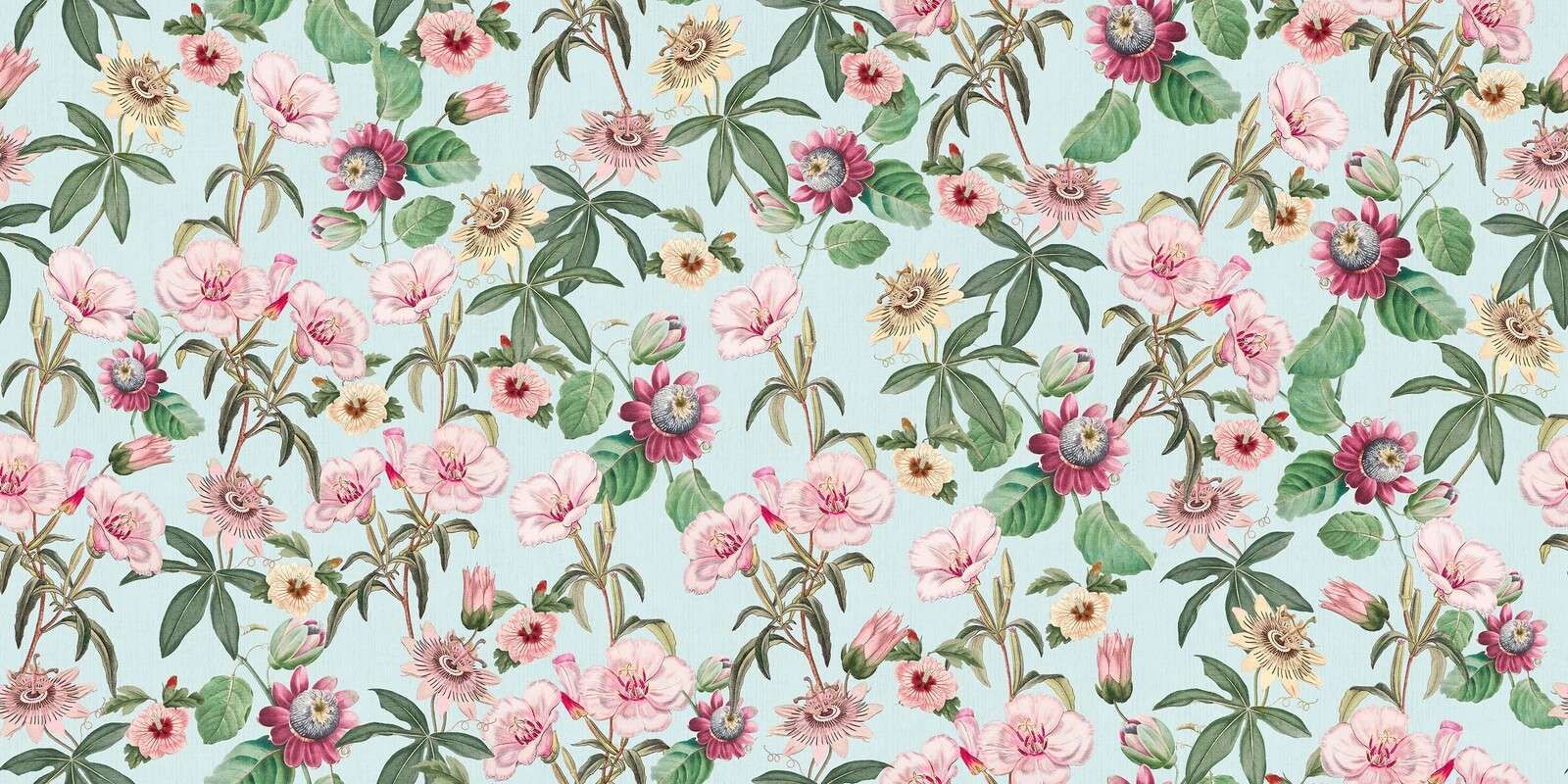 Exotische bloesems in pastelblauw