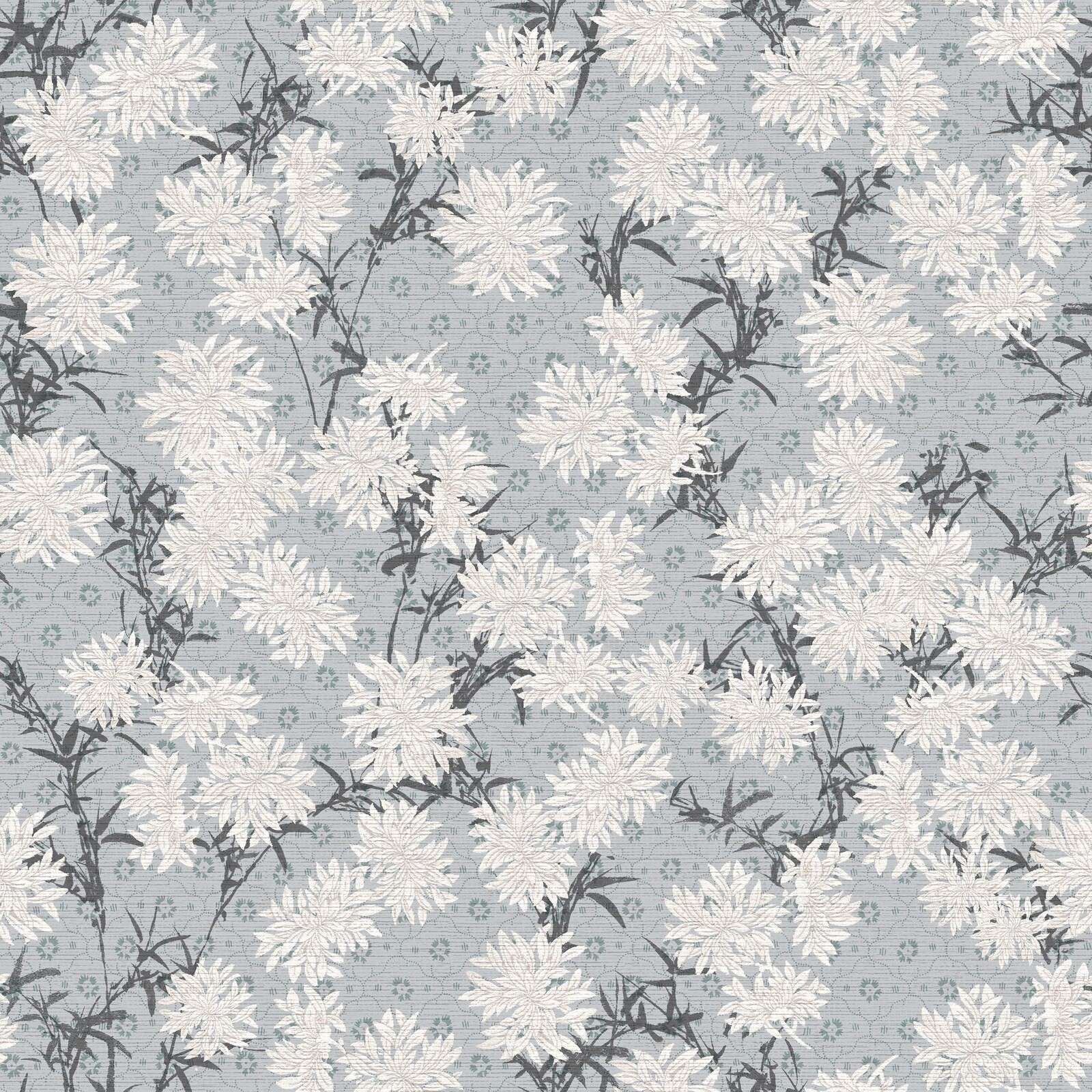 Witte chrysanten op mistblauw