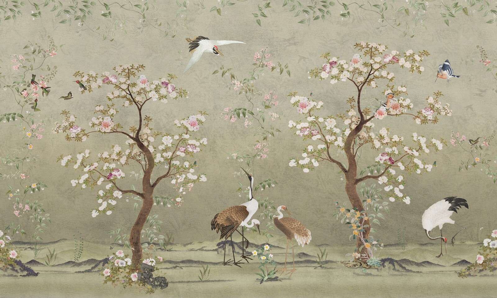 Bloeiende kersenbomen met kraanvogels