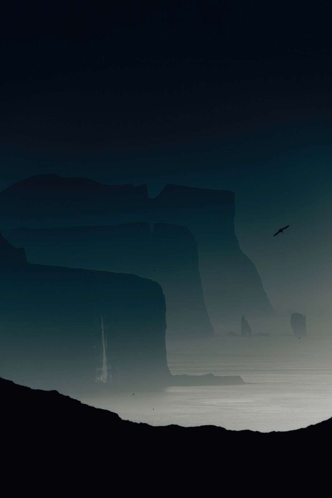 Kliffen in blauwgrijze ochtendnevel