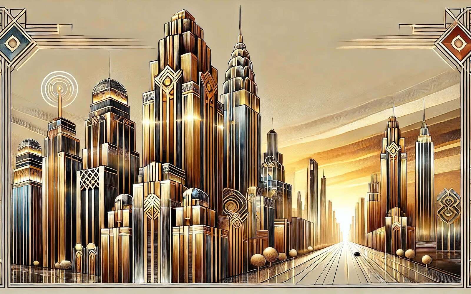 Gouden skyline in art deco zonlicht