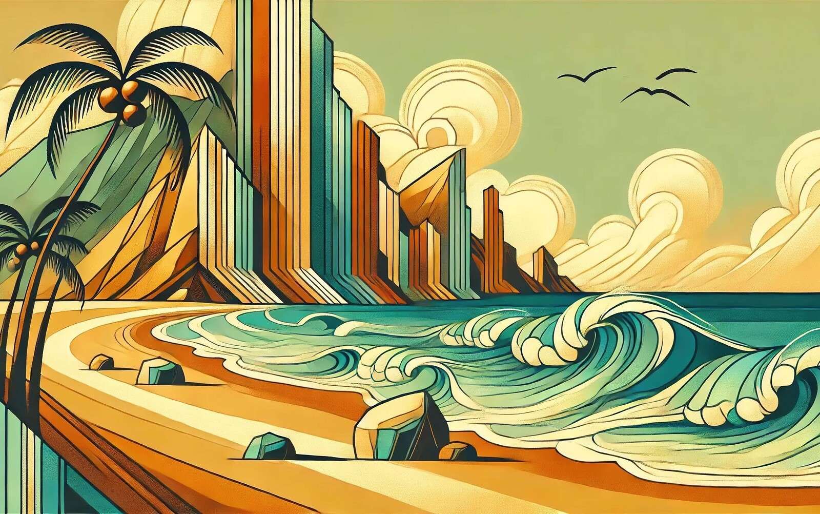 Golfslag aan tropische art deco kust