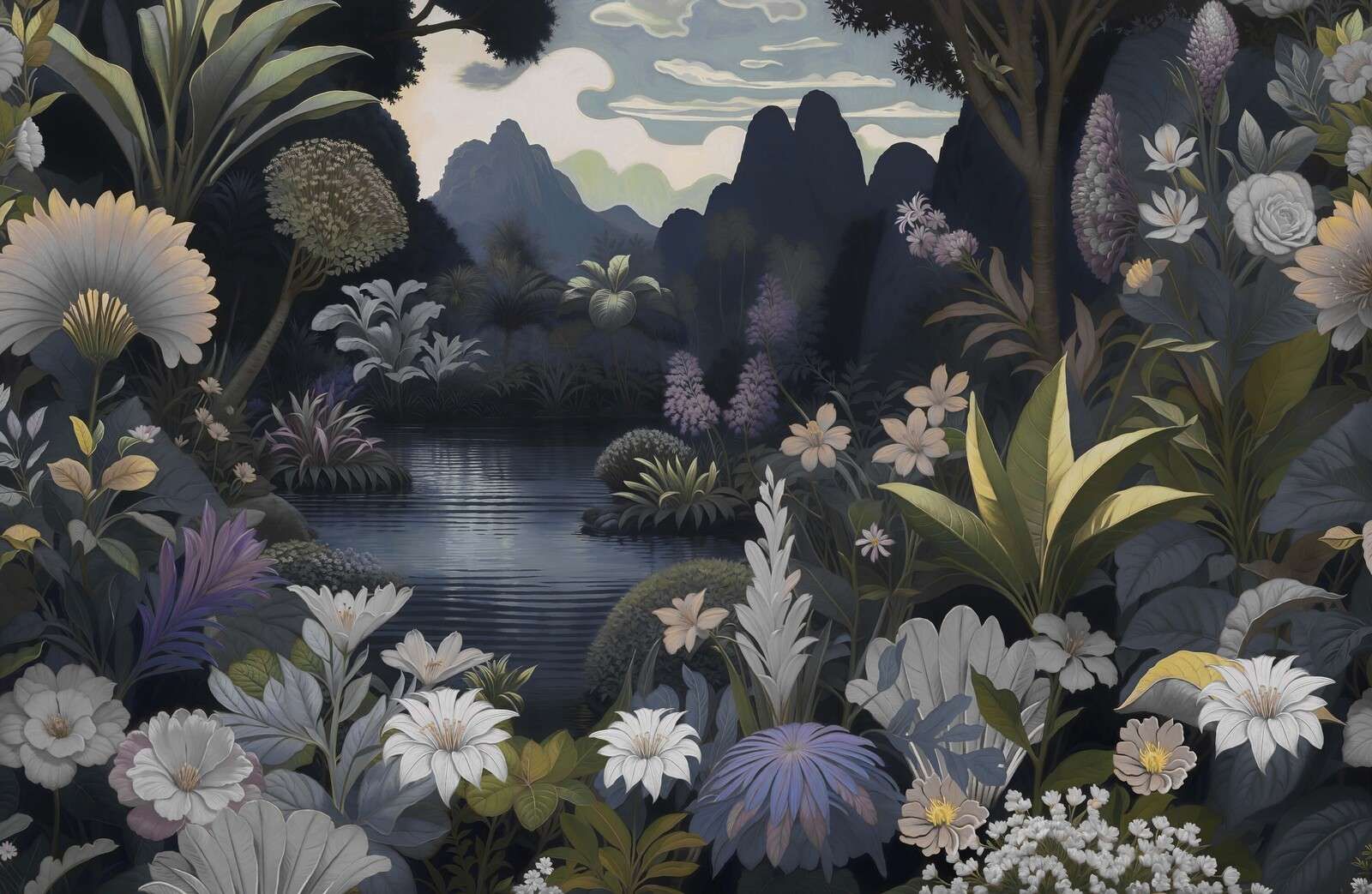 Mystiek berglandschap met bloemenmeer